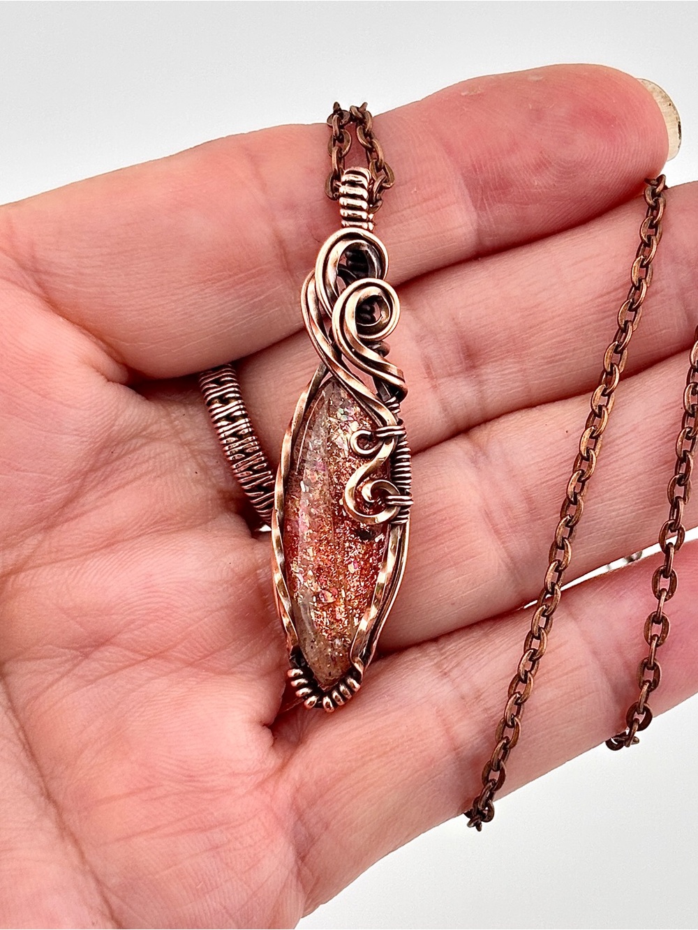 HANDMADE Confetti Sunstone Copper Wire Wrapped Pendant Necklace, Artisan Jewelry